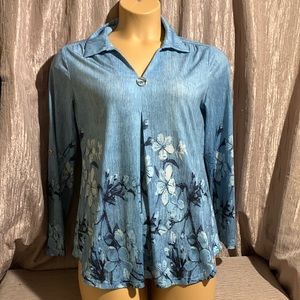 Valolia Top Blouse Blue White Floral Size L Stretchy Pullover Long Sleeve